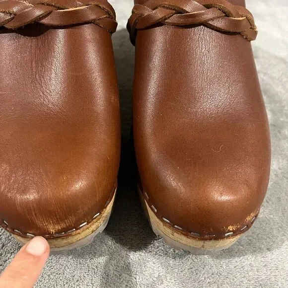MIA Elsa Clogs 8.5 / 39 Brown Leather Braid Platform Made In Sweden Tan Chunky - Picture 8 of 11